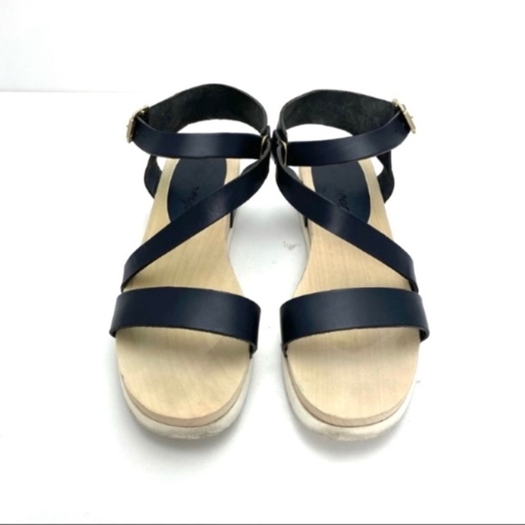 FREE People Leather Ankle Lace Straps Wood Sole Sandal in Black Size 8 - Picture 4 of 10